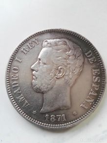Monedas de España: Moneda Española de Amadeo I de 1871, de 5 pesetas, de plata. 18...71